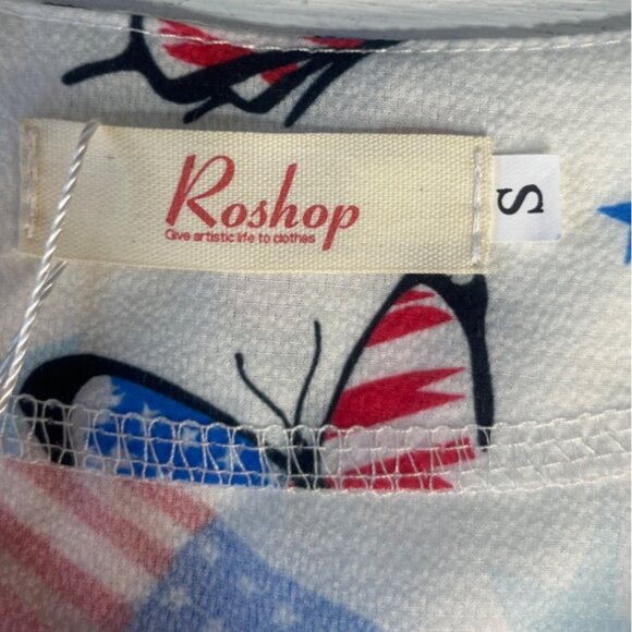 Roshop Patriotic Shirt Blouse Womens Small White Red Blue New Butterfly Flags - Picture 6 of 10